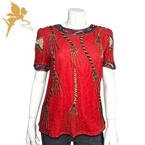 VINTAGE 80's Laurence Kazar Festive Holiday Tassel Sequin Top